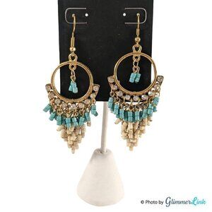 Bohemian Open Circle Beaded Fringe Dangle Earrings Turquoise Gold Tone
